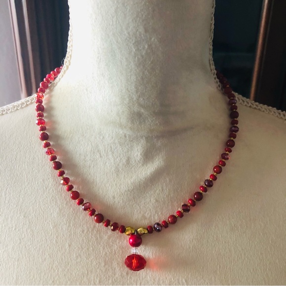 Handcrafted repurpose carnelian glass faceted crystal beaded necklace - Picture 2 of 10